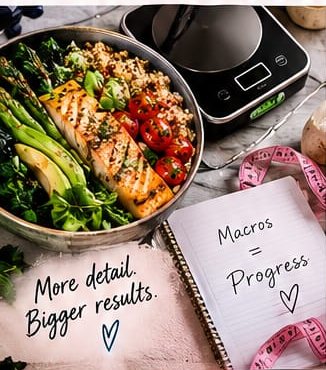 Salmon, asparagus and grains on a kitchen scale beside a notebook, captioned &ldquo;More detail. Bigger results.&rdquo;