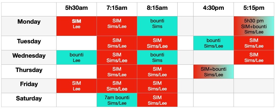 SIM Strength In Motion weekly class schedule